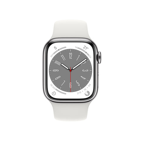 Apple Watch Series 8 智能手表(GPS+蜂窝版) 41mm 银色不锈钢表壳 白色运动型表带多彩表盘 大尺寸视网膜显示屏 健康监测 运动健身好帮手